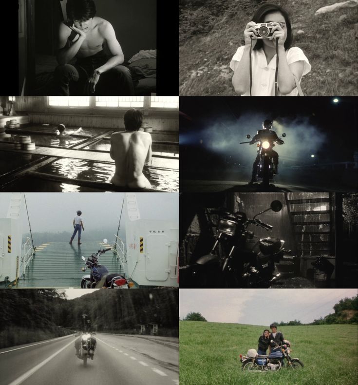 black and white images of people riding motorcycles on the road with one person taking pictures