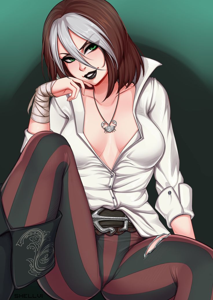 a woman with white hair and green eyes sitting on the ground wearing black pants, a white shirt and silver necklace