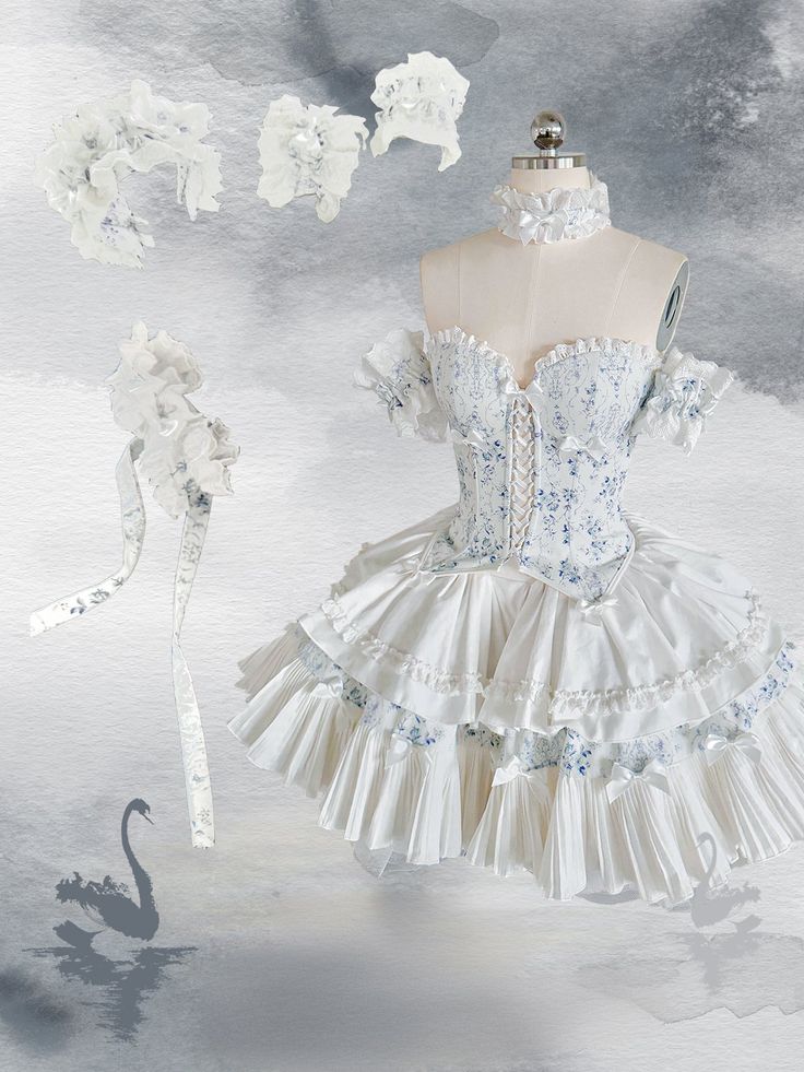 Step into a world of enchanting elegance with this exquisite Lolita ensemble, perfect for those who adore a blend of floral charm and intricate detailing.Adorned with delicate floral patterns, this corset top is a masterpiece of design. The neckline is graced with ruched lace trim, adding a touch of vintage allure. Its front features a captivating crisscross design, while the back offers both comfort and style with its elastic and drawstring detailing. To complete the whimsical look, a charming Feminine Fitted Sets With Lace Trim, White Lace Feminine Sets, White Floral Print Party Sets, Elegant Blue Sets With Floral Print, Elegant Blue Set With Floral Print, Elegant Blue Floral Print Sets, White Feminine Fitted Sets, Feminine Fitted White Sets, Spring Wedding Lace Sets