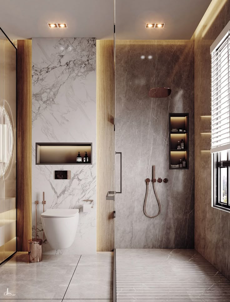 a modern bathroom with marble walls and floor