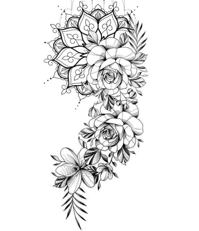 a black and white drawing of flowers with leaves on the bottom half of their petals