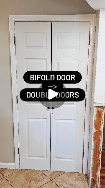 two white double doors with the words bifold door and double doors on each side