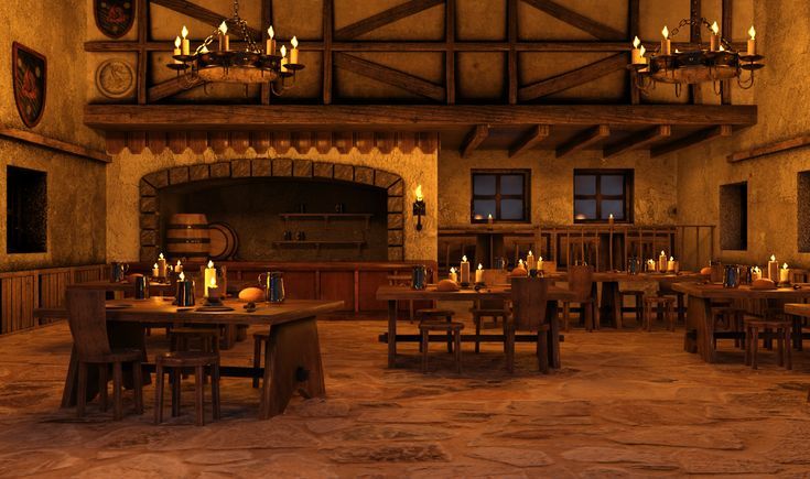 a large dining room filled with lots of tables and chairs next to a fire place