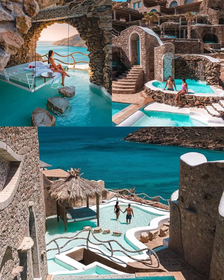 people are playing in the water at an outdoor swimming pool with thatched umbrellas