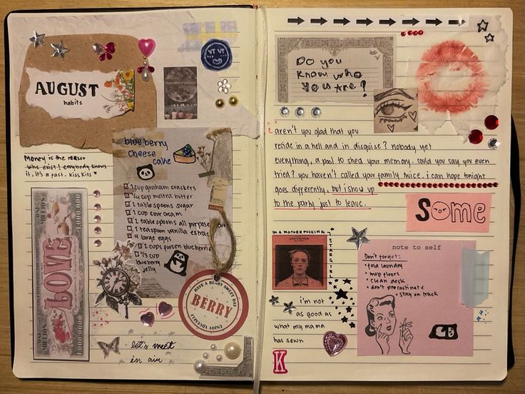 an open notebook with various items on it