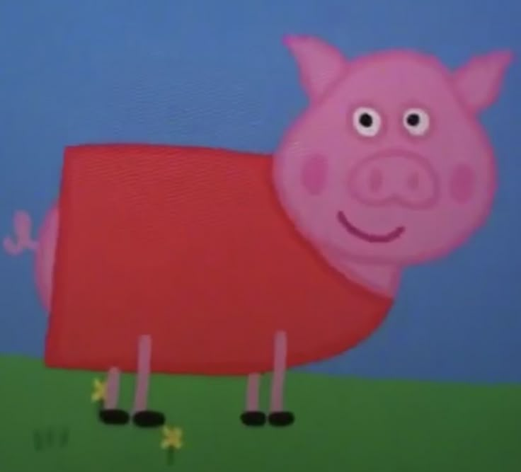 a pink pig standing on top of a green field next to a blue sky with stars