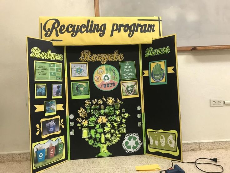 a bulletin board is set up in front of a whiteboard with green and yellow graphics