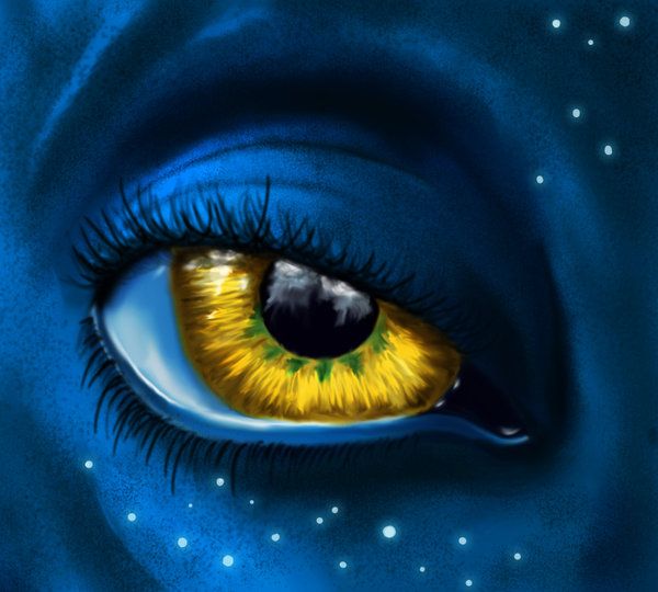 an eye with yellow and blue colors is seen in this artistic painting by the artist