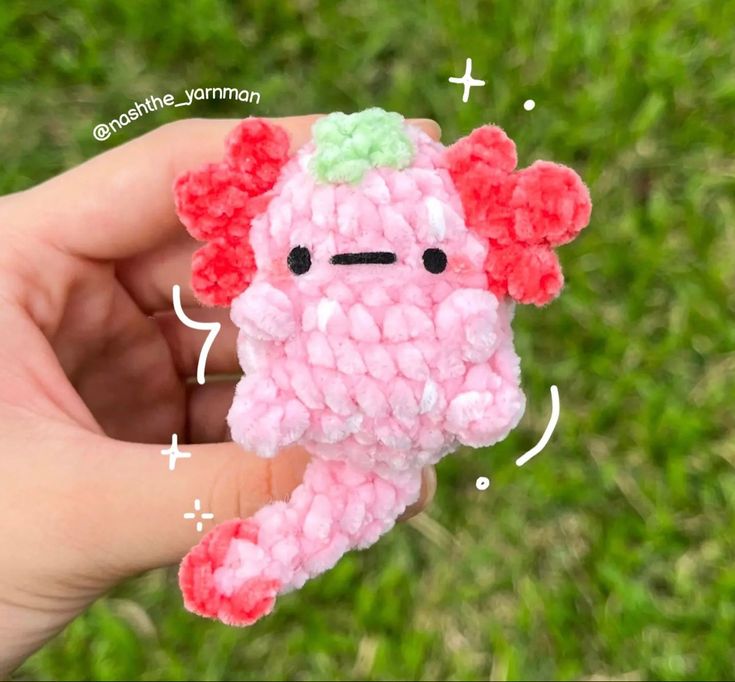 a hand holding a small crocheted toy in it's left hand, with instructions for how to make the pattern