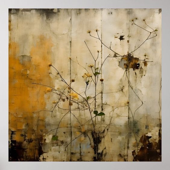 an abstract painting with yellow and brown flowers in the foreground, against a white wall