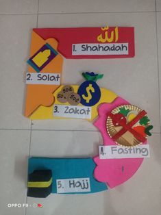 the arabic language is displayed on paper cutouts and placed in front of a tile floor