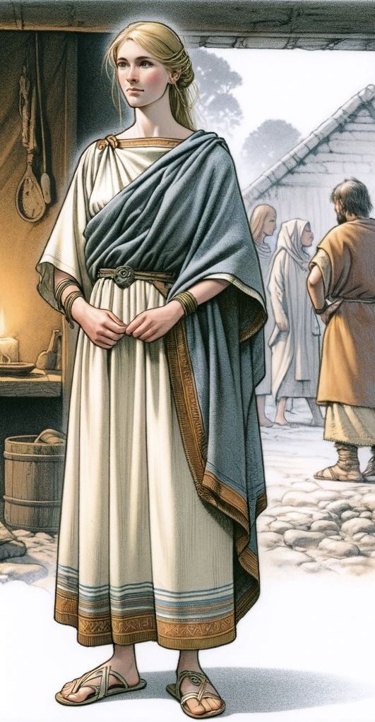 a painting of a woman dressed in ancient greek clothing standing with her hands on her hips