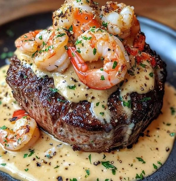 a steak covered in shrimp and grits on a black plate with sauce drizzled over it