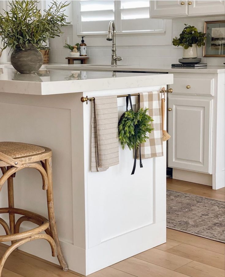 a kitchen island with towels hanging on it's hooks and two potted plants