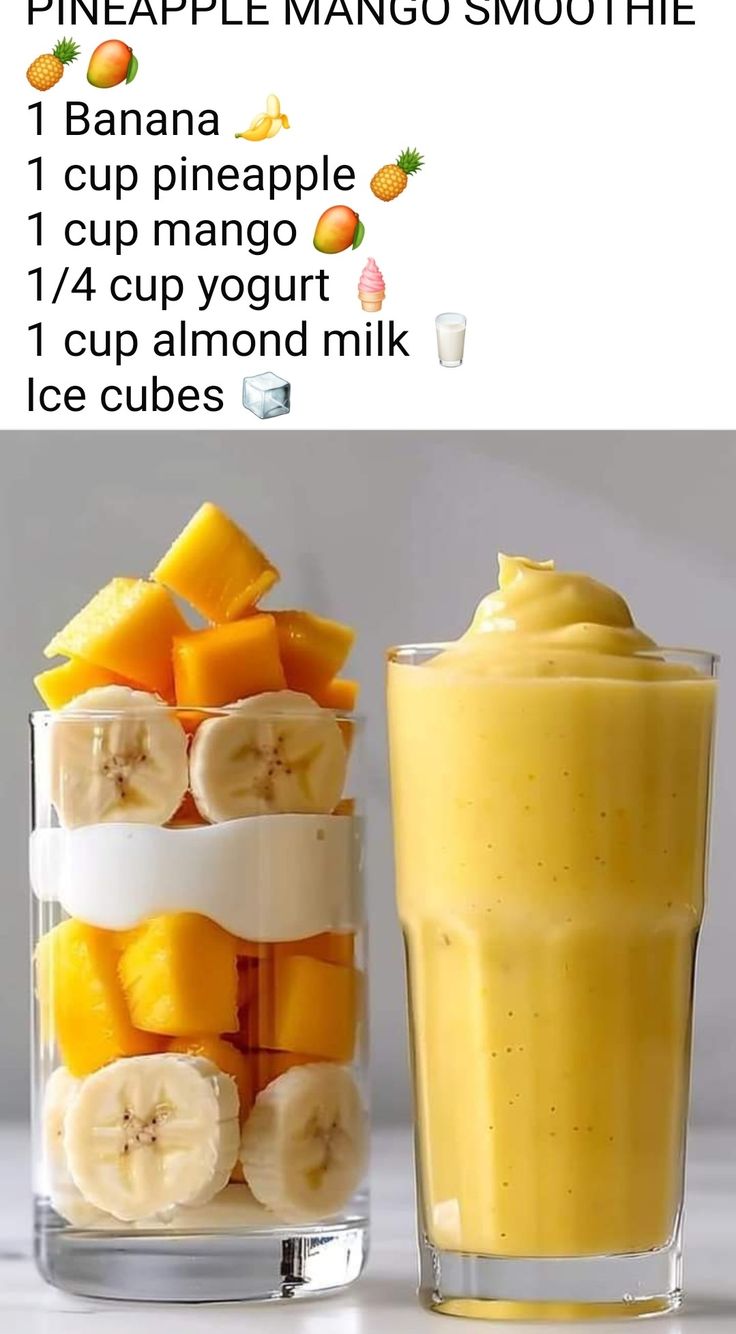 a smoothie with pineapple mango smoothie in it and a glass filled with fruit