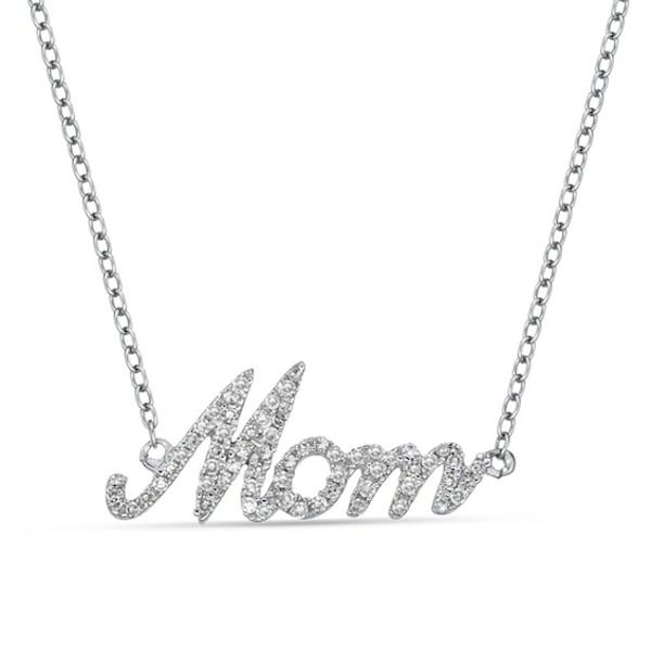 Simply shimmering, this diamond necklace is a look your mom can wear with anything. Created in cool 10K white gold, this elegant style showcases the word "Mom" sculpted in a cursive font and lined with sparkling diamonds. Captivating with 1/5 ct. t.w. of diamonds and a brilliant buffed luster, this word art suspends centered along an 18.0-inch cable chain that secures with a lobster claw clasp. Formal Diamond Necklaces For Mother's Day, White Gold Diamond Necklace With Accents For Mother's Day, Anniversary Diamond Necklace For Mother's Day, White Gold Diamond Necklace Gift For Mom, Mother's Day Cubic Zirconia Diamond Necklace, Fine Jewelry Diamond Necklace For Mother's Day Anniversary, Formal Diamond Name Necklace, Formal Silver Diamond Name Necklace, Cubic Zirconia Diamond Necklace For Mother's Day