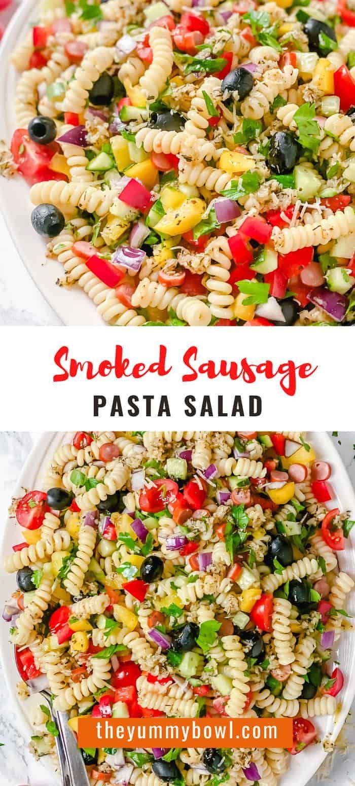 two plates filled with pasta salad on top of a white plate and the same side dish