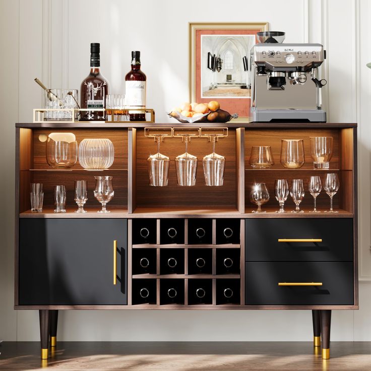 a cabinet with wine glasses and bottles on it