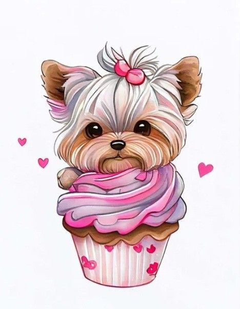 a drawing of a dog with a cupcake in its mouth