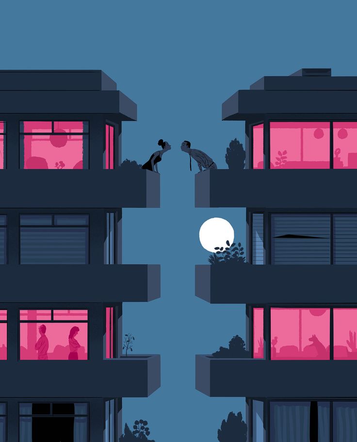 two tall buildings with people standing on the balconies and looking out at the moon