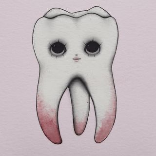 a drawing of a tooth with black eyes and pink tips on it's side