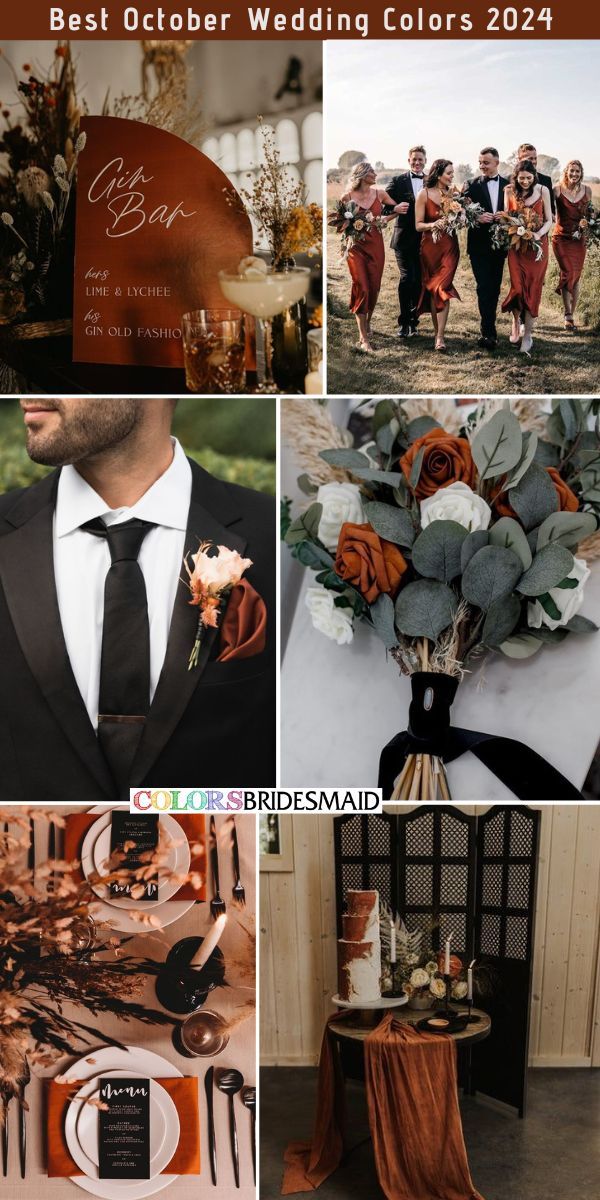 a collage of photos with orange, black and white wedding colors in it's centerpieces