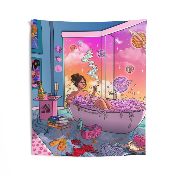 a woman sitting in a bathtub filled with lots of purple liquid and toys on the floor