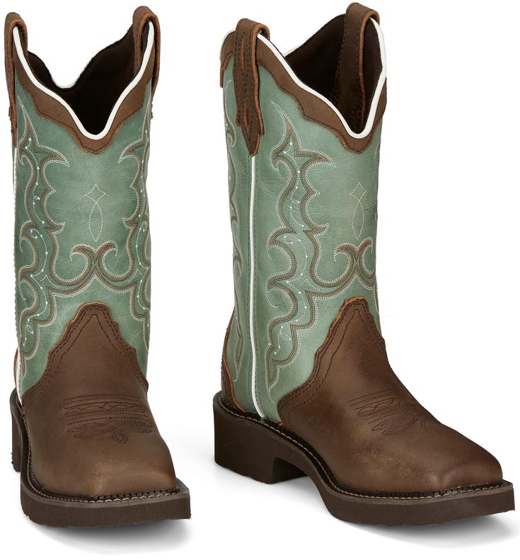 Its leather upper is accented by a delicate stitch pattern and features a scalloped collar for a feminine touch. The distressed golden brown foot gives this boot a vintage feel and sports a square toe. The J-Flex Flexible Comfort System� insole with remov Brown Boots With Reinforced Toe, Women's Work Boots, Justin Boots Womens, Womens Cowgirl Boots, Womens Work Boots, Golden Tan, Teal Leather, Turquoise Leather, Justin Boots