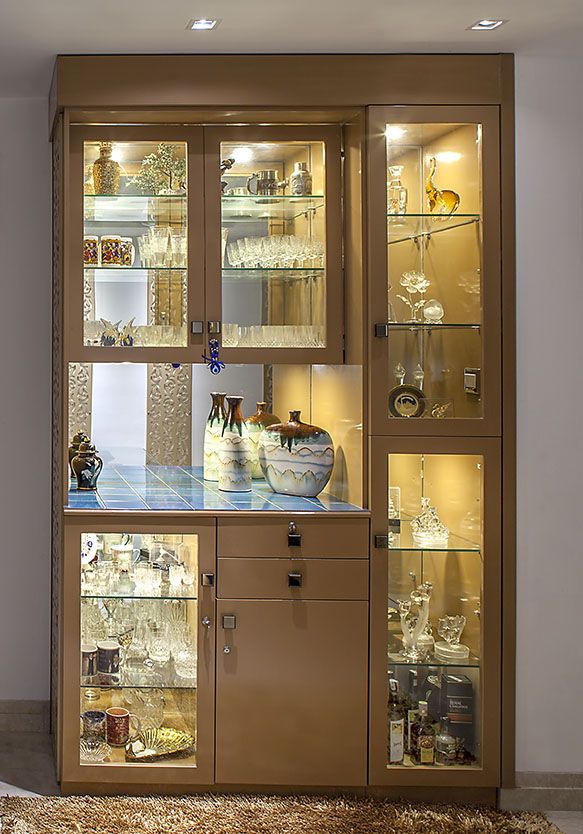 a cabinet with glass doors and shelves in a room that has an area rug on the floor