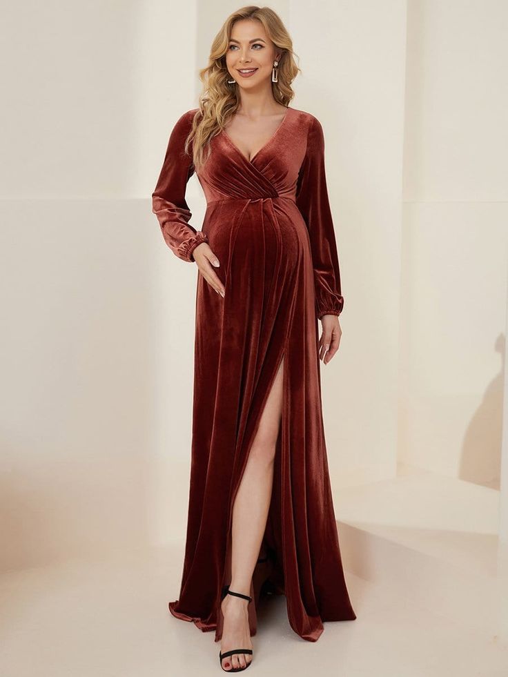 Long Sleeve Velvet V-Neck Front Slit Floor-Length Bump Friendly Dress belk dresses, sumer dresses, sping dresses #dresses2016 #dresseslover #dresseson, dried orange slices, yule decorations, scandinavian christmas Bump Friendly Dress, Velvet Formal Dress, Ever Pretty, Affordable Dresses, Graduation Outfit, Dress Plus Size, Maternity Dress, Maternity Dresses, Bump