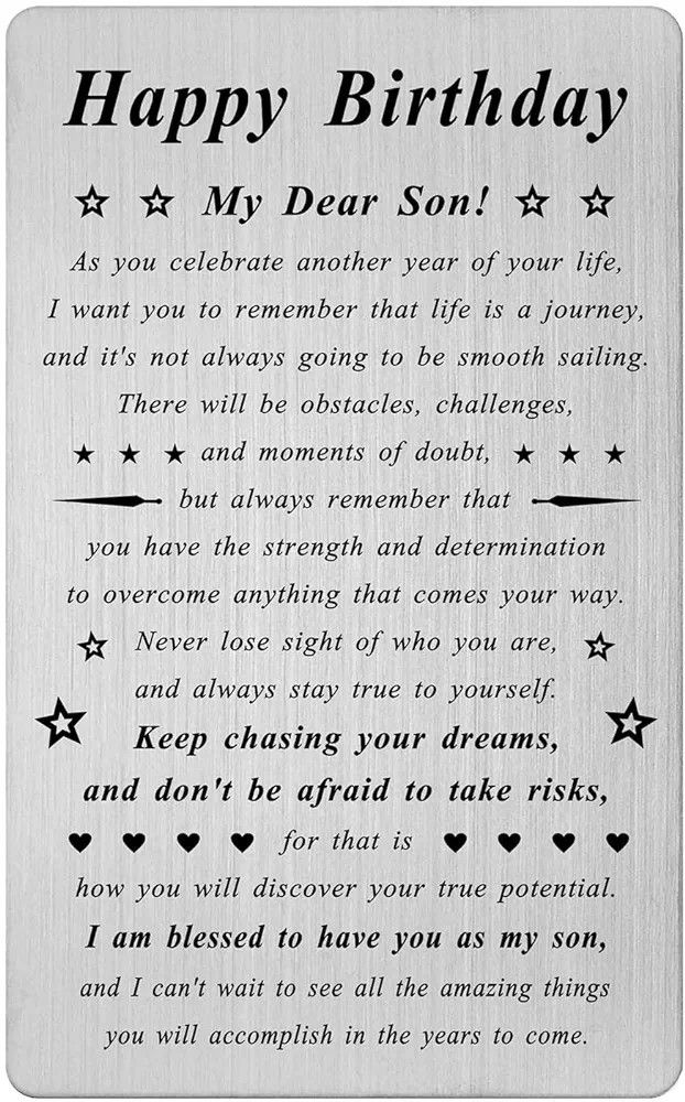 a metal plaque with the words happy birthday and stars in black ink on white background