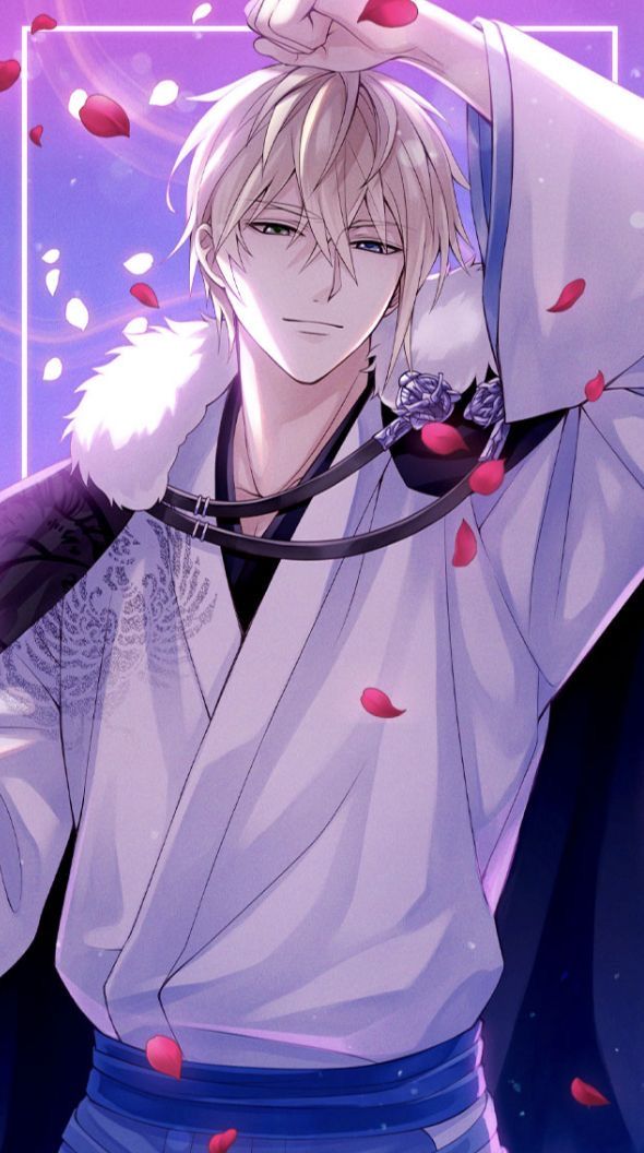 an anime character with white hair wearing a kimono and holding his hands on his head