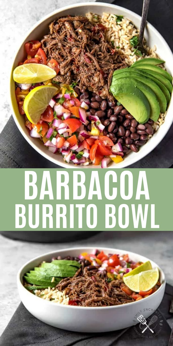 two bowls filled with shredded beef, beans and avocado garnished with lime wedges