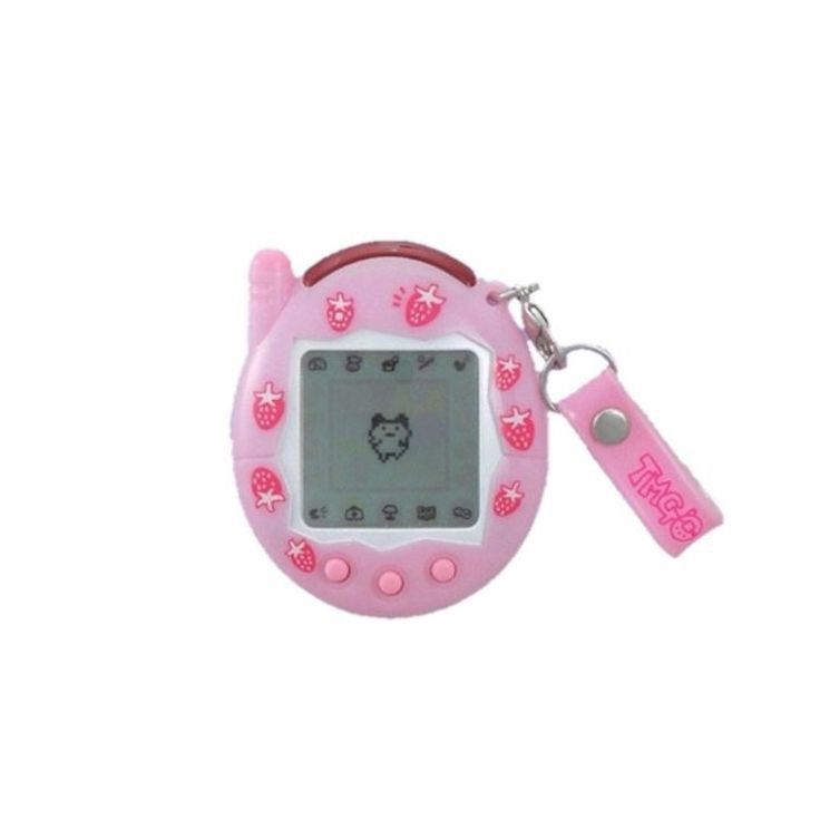 a pink electronic device with an animal on it's face and keychain