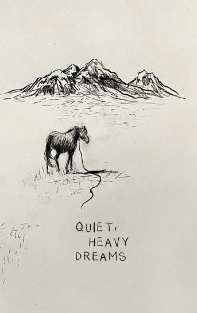 a black and white drawing of a horse with the words quiet, heavy dreams