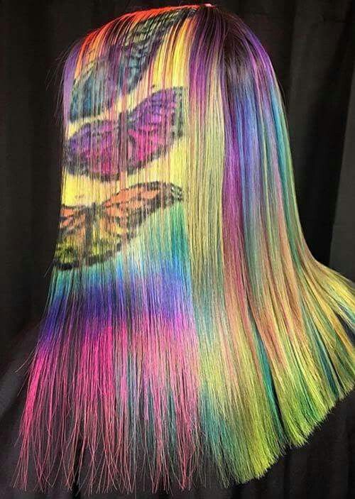 Butterfly Stencil Hair, Exotic Hair Color, Hair Stenciling, Rainbow Hair Color, Colourful Hair, Multicolored Hair, Pinterest Hair, Hair Tattoos, Colored Hair