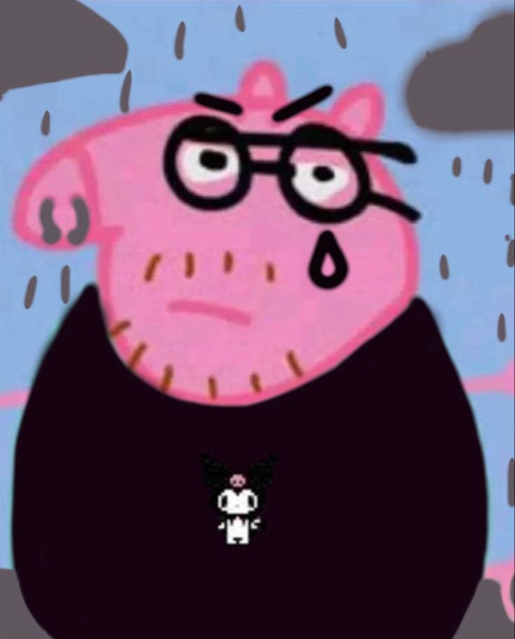 a cartoon pig wearing glasses and a black shirt