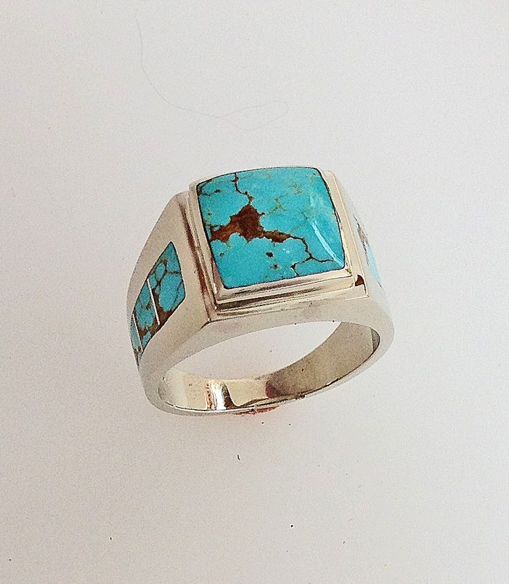 14 Karat White Gold and Turquoise Men’s Ring Mens Turquoise Ring, Gold And Turquoise Wedding, Wedding Ring Tattoo For Men, Mens Wedding Rings White Gold, Ring Mens Gold, Wood Wedding Ring Mens, Turquoise Wedding Ring, Mens Wedding Rings Vintage, Minimalist Jewelry Rings