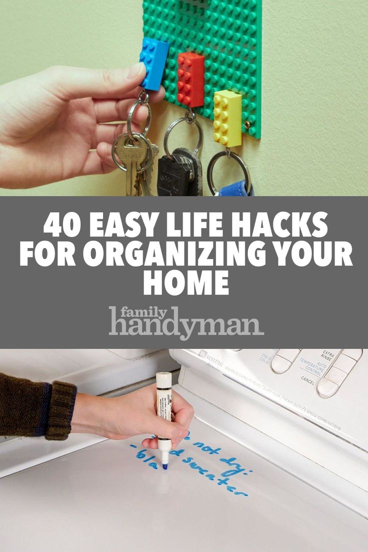 the words 40 easy life hacks for organizing your home are shown above a photo of someone's hand holding keys