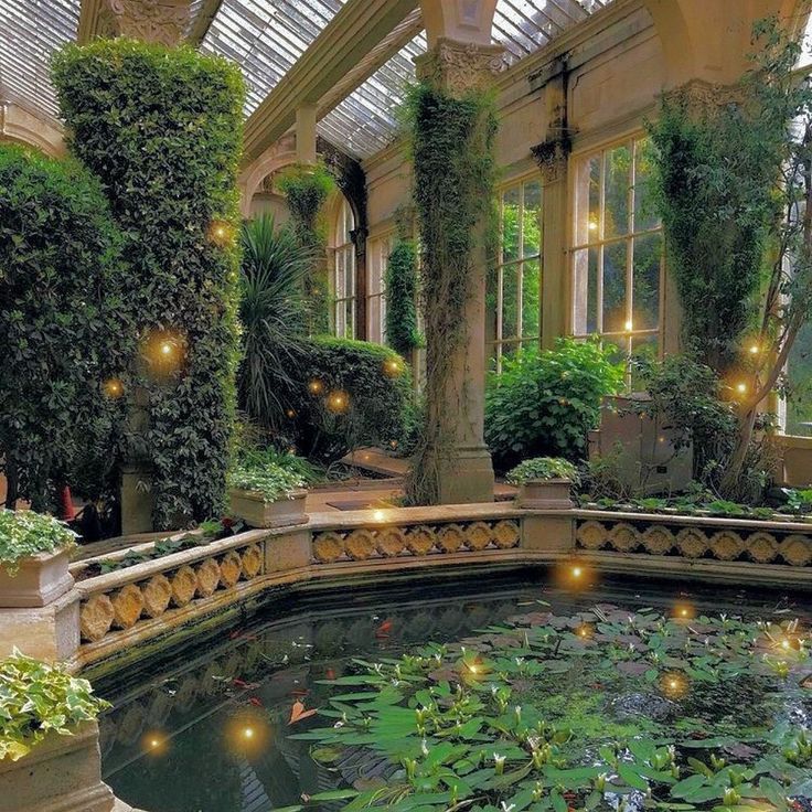 an indoor pond surrounded by greenery and lit up lights in the middle of it