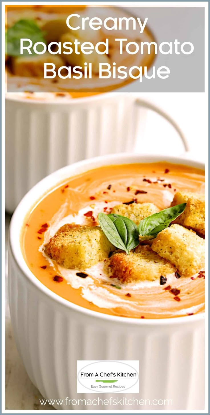 creamy roasted tomato basil biscuit soup in a white bowl