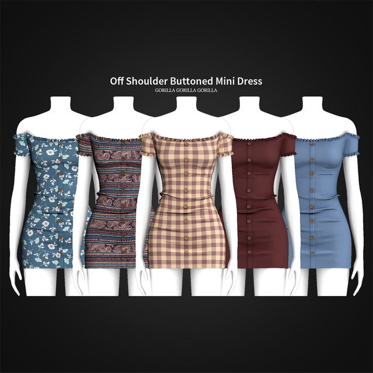 four different dresses with buttons on the shoulders and neckline, all in different colors