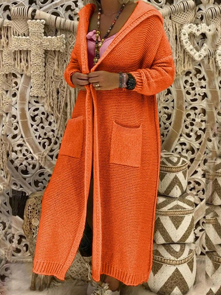 Fashionable Solid Color Long Hooded Cardigan For Women Orange Casual  Long Sleeve Knitwear Plain  Medium Stretch Fall/Winter Women Clothing, size features are:Bust: ,Length: ,Sleeve Length: Long Sweater Jacket, Hooded Knit Cardigan, Long Knit Cardigan, Gilet Long, Crochet Coat, Knitted Hood, Pocket Cardigan, Long Knit, Hooded Cardigan