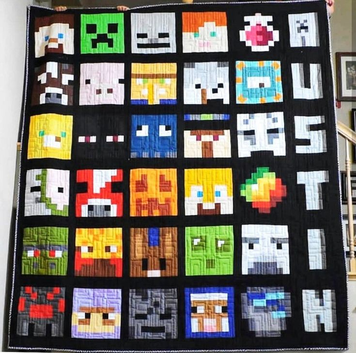 a quilt made to look like video game characters