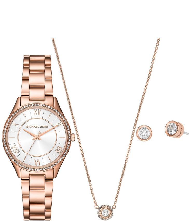 From Michael Kors&#x2C; this women's watch set features: Rose gold-tone stainless steel bracelet and caseWhite sunray dial 2 pusher fold-over clasp closureThree-hand movementBand width approx. 16mmCase size approx. 33mmCase thickness approx. 4.2mm Inner Circumference: 175 /- 5mmWater Resistance: 5 ATMIncludes rose gold-tone brass stud earrings&#x2C; a rose gold-tone brass short pendant necklaceImported. Accessories Watches Women, Hand Rose, Watch Set, Three Hands, Rose Gold Watch, Women's Watch, A Rose, Steel Bracelet, Stainless Steel Bracelet