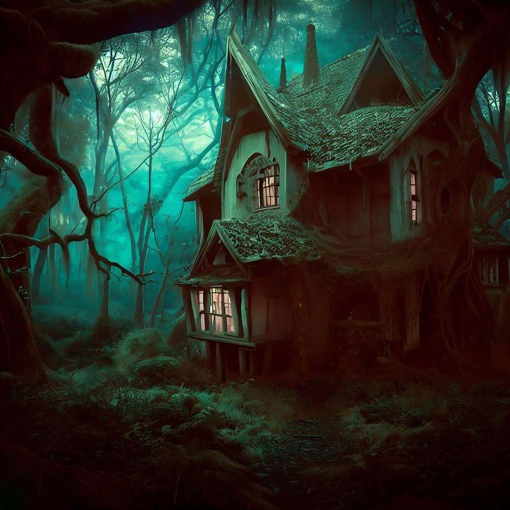 a creepy house in the middle of a forest with moss growing on it's roof