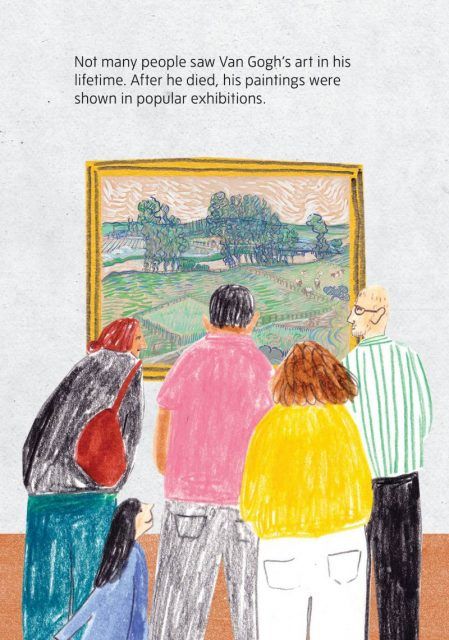 a drawing of people looking at a painting