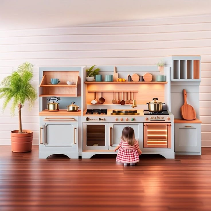 Artistic Masterpieces for Little Chefs at Home: Handcrafted Wooden Play Kitchens Enrich your child's imagination and invite them into the magical world of cooking with a piece of art... We go beyond the ordinary, creating handcrafted wooden play kitchens and complementary furniture pieces that are of the highest quality and boast unique designs. Our clientele consists of discerning individuals who demand nothing but the best, who do not compromise on luxury and quality. Our products not only fos Baking Room Design, Kids Kitchen Playroom, Play Kitchen Set Up, Kids Wooden Kitchen, Toddler Play Kitchen, Kitchen For Kids, Kitchen Playset, Playhouse Ideas, Pretend Kitchen