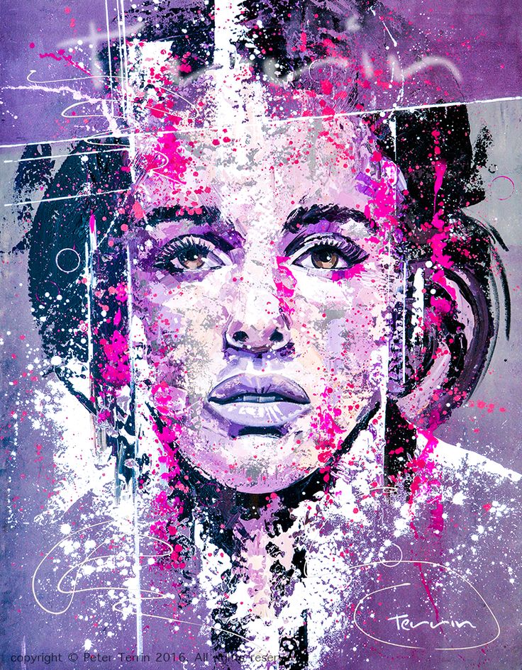 a painting of a woman with headphones on her ears and pink paint splatters