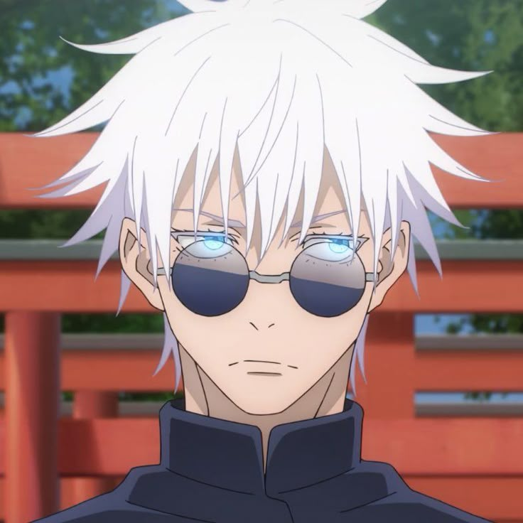 an anime character with white hair and sunglasses in front of a red fence, looking at the camera